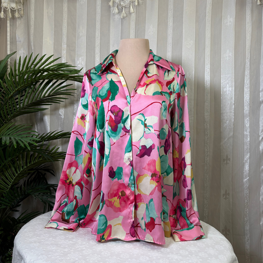 Zara Watercolor Floral Satin Button-Up – Size Small (New with Tags)