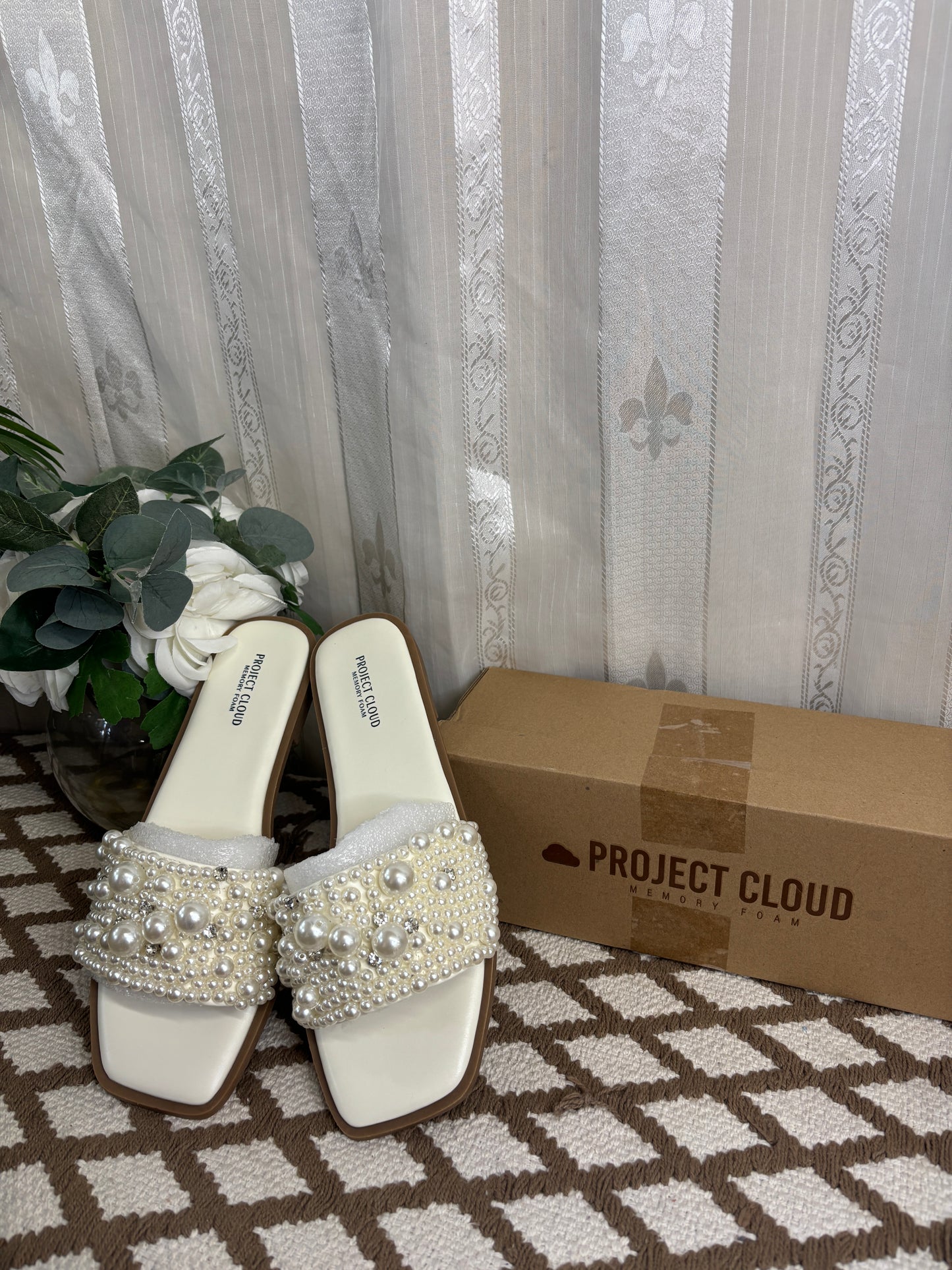 Project Cloud Pearl-Embellished Slide Sandals – Size 8